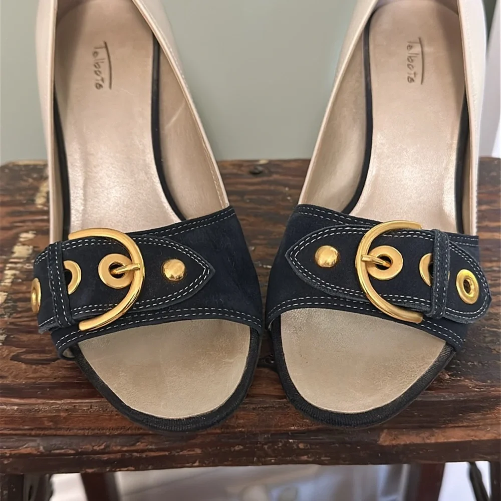 Talbots Navy and Cream Two-Tone Leather and Suede Peep Toe Heels
